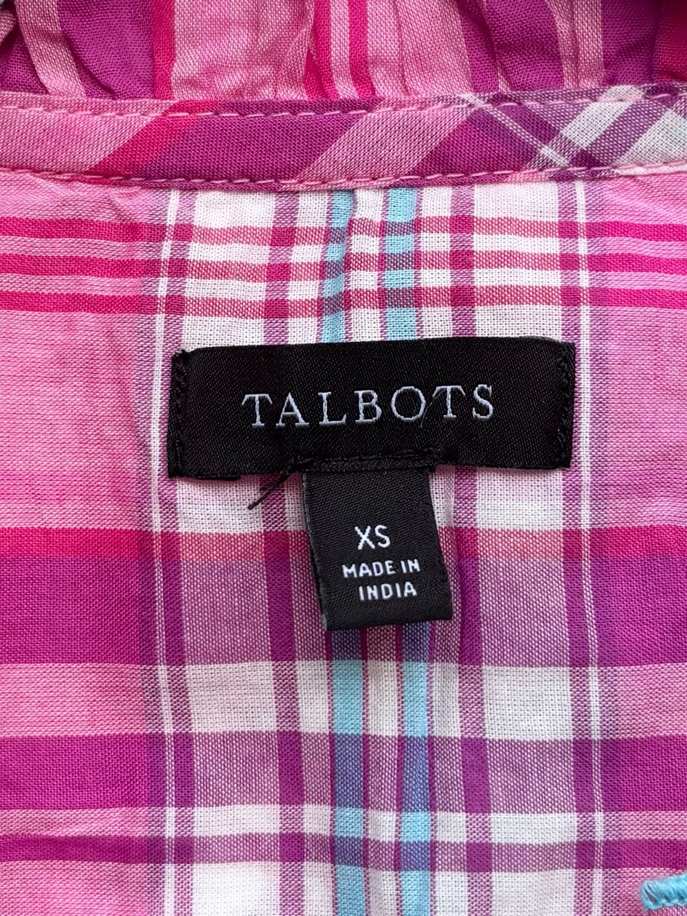 Talbots Plaid Popover Ruffle Cotton Blouse XS Pink - Picture 6 of 9